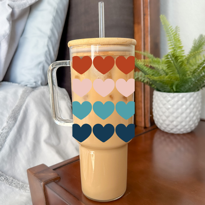 Boho Hearts 40oz Glass with Bamboo Lid, Straw